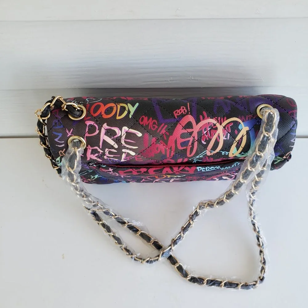New Graffiti Print Vinyl Handbag with Chain Crossbody Strap - Picture 5 of 7